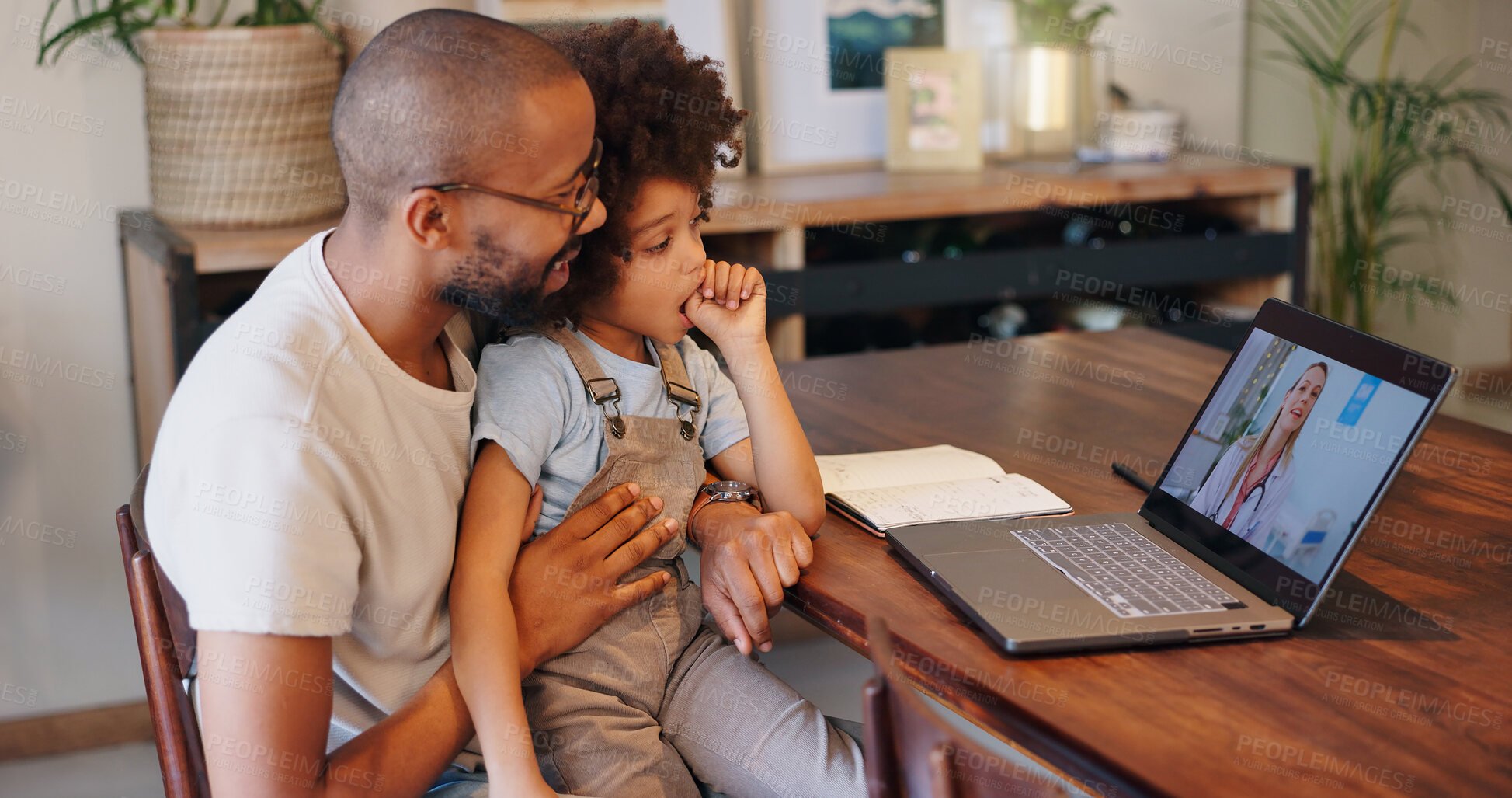 Buy stock photo Child, black man and laptop screen with doctor for telehealth service, communication and advice. Home, boy and father with pediatrician on tech for medical support, discussion or virtual consultation