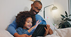 Education, games or tablet with father and son on sofa in living room of home for child development. Distance learning, homework or streaming tech with single parent man and boy kid in apartment