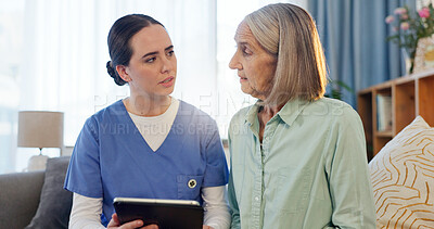 Buy stock photo Healthcare, nurse and senior woman with tablet on couch for test or exam results in home. Consultation, caregiver and technology in living room for retirement, internet and online app for insurance