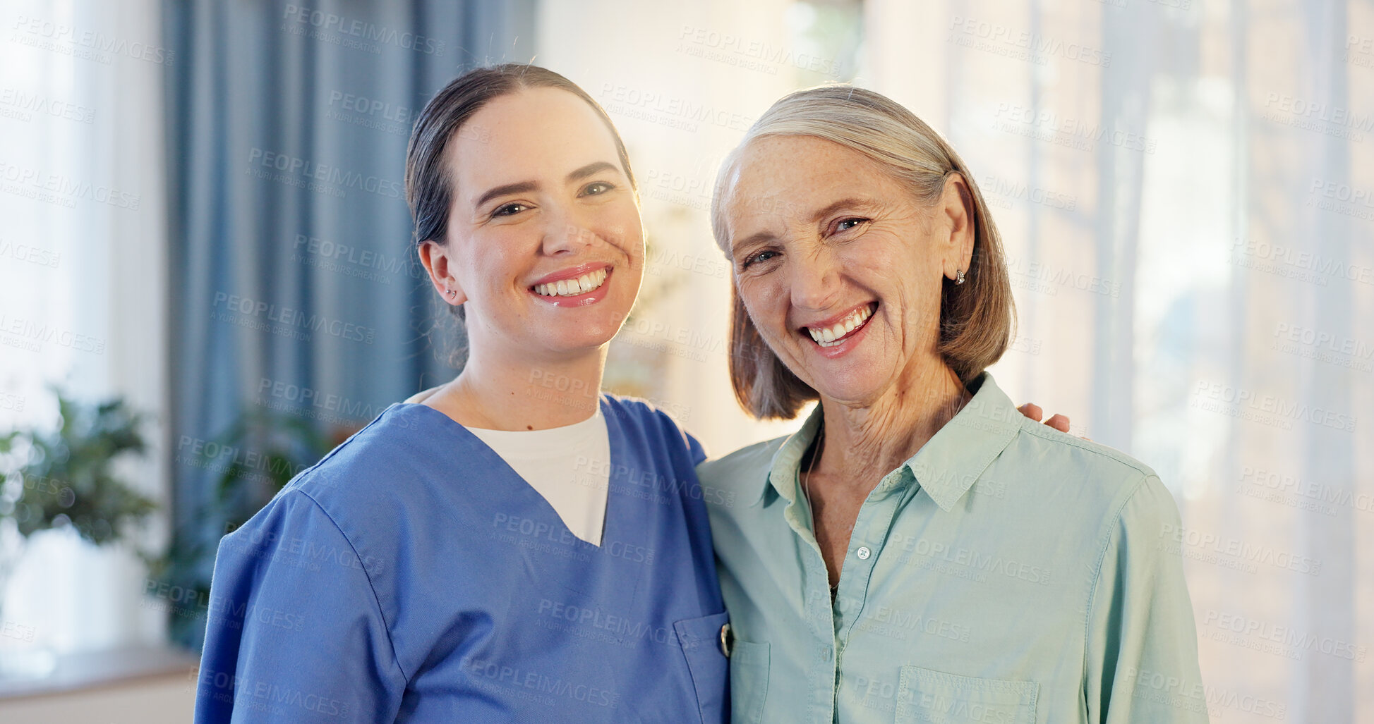 Buy stock photo Portrait, senior woman and nurse with hug, caring and medical assistance for patient in retirement. Nursing home, old person and caregiver for support, embrace and trust with happiness for bonding
