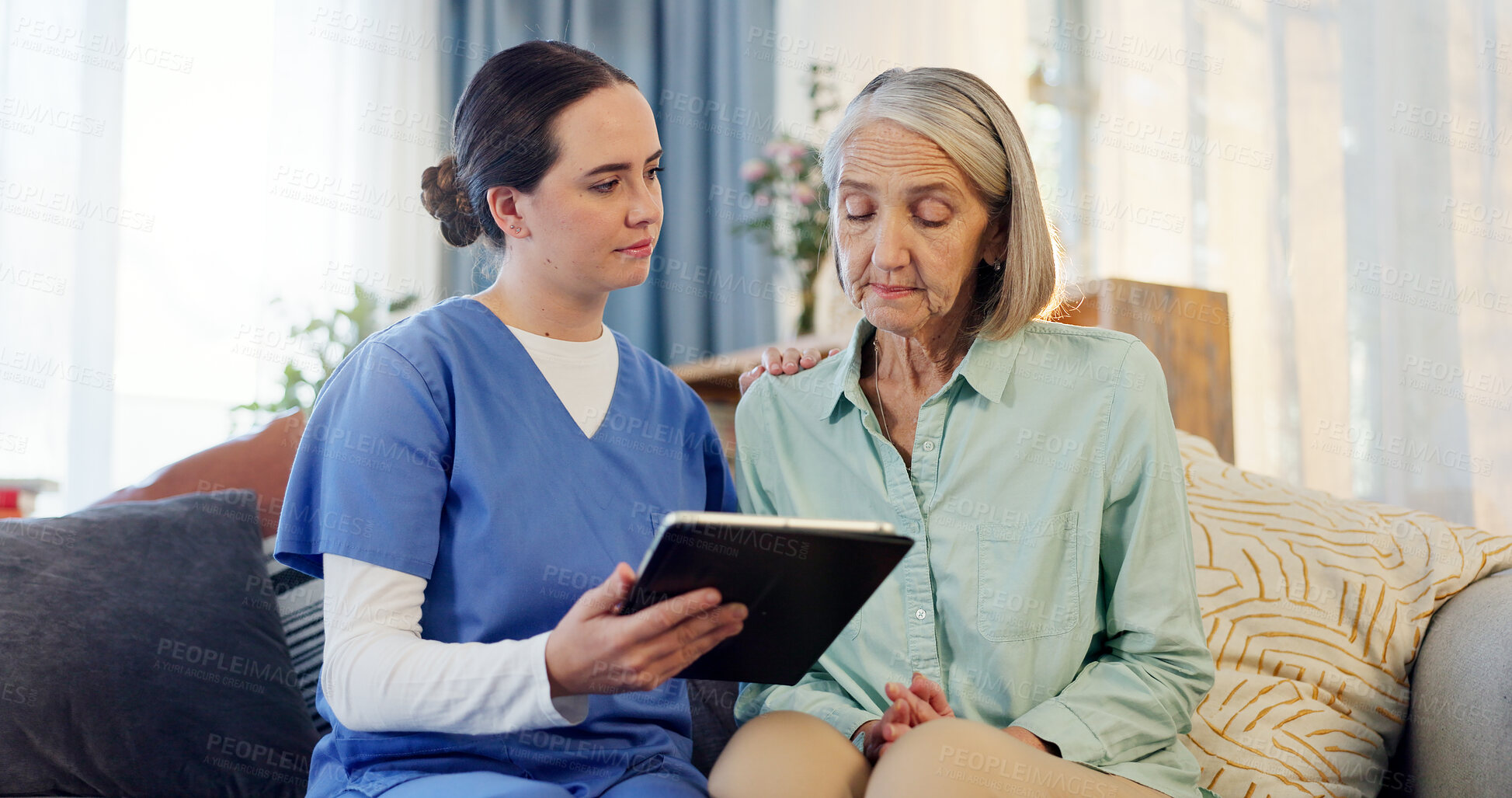 Buy stock photo Support, nurse and senior woman with tablet on couch for results and healthcare in home. Kindness, caregiver and technology in living room for retirement, internet and online app for wellness review