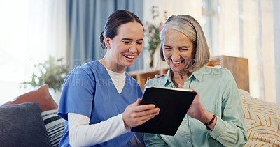 Buy stock photo Consultation, nurse and senior woman with tablet on couch for results and healthcare in home. Happy, caregiver and technology in living room for retirement, internet or online app for medical support