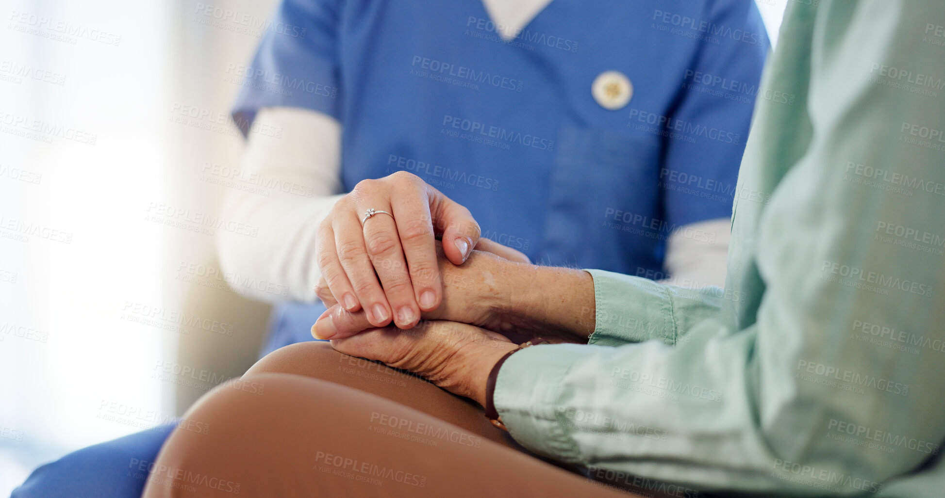 Buy stock photo Hands, nursing home and empathy with trust for advice or healthcare, talk or help for retirement. People, helping others and nurse with support for elderly patient with problem, counselling in clinic