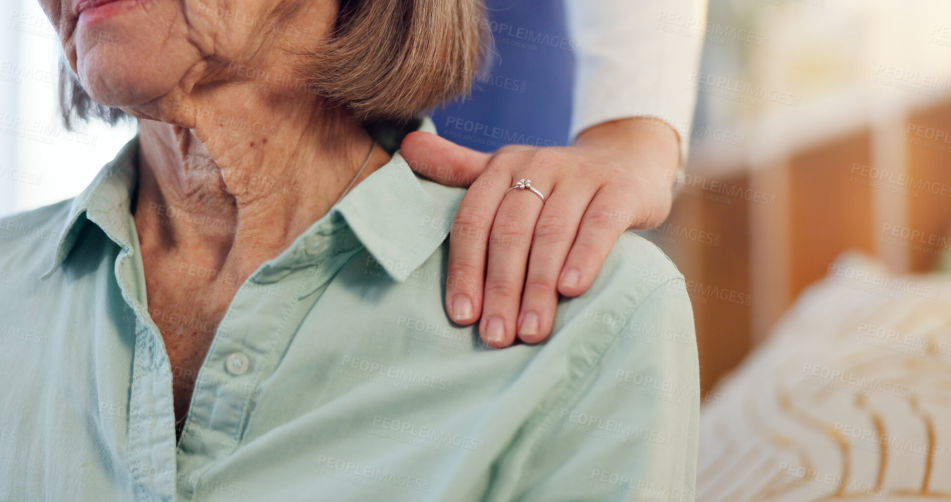 Buy stock photo Hands, nursing home and support with trust for advice or healthcare, talk or sad for retirement. People, helping others and nurse with empathy for elderly patient with problem, counselling in clinic