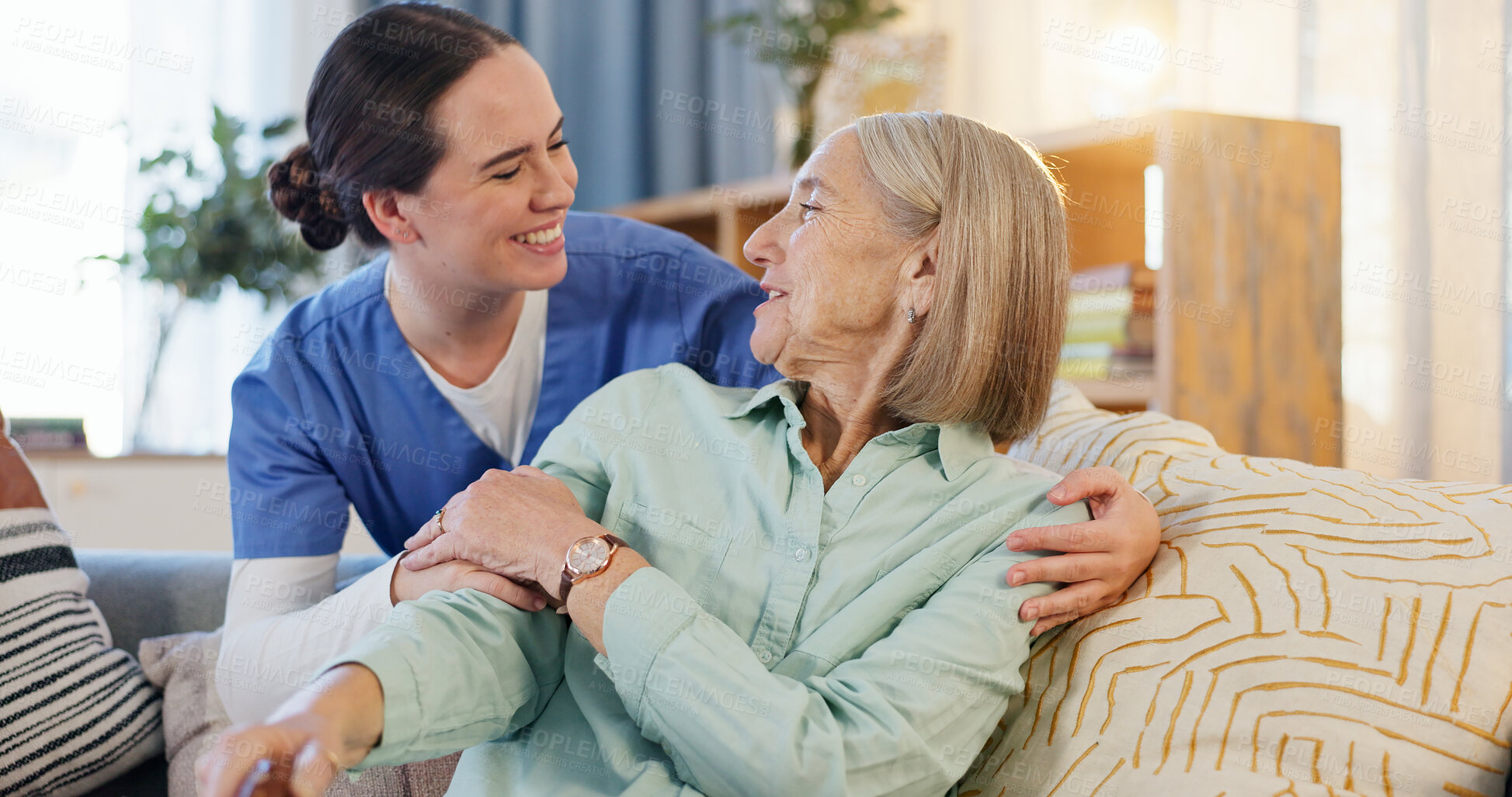 Buy stock photo Nurse, mature woman and hug with support, empathy and healthcare for retirement. Patient, caregiver and pensioner in nursing home, rehabilitation or elderly care for medical consulting and service