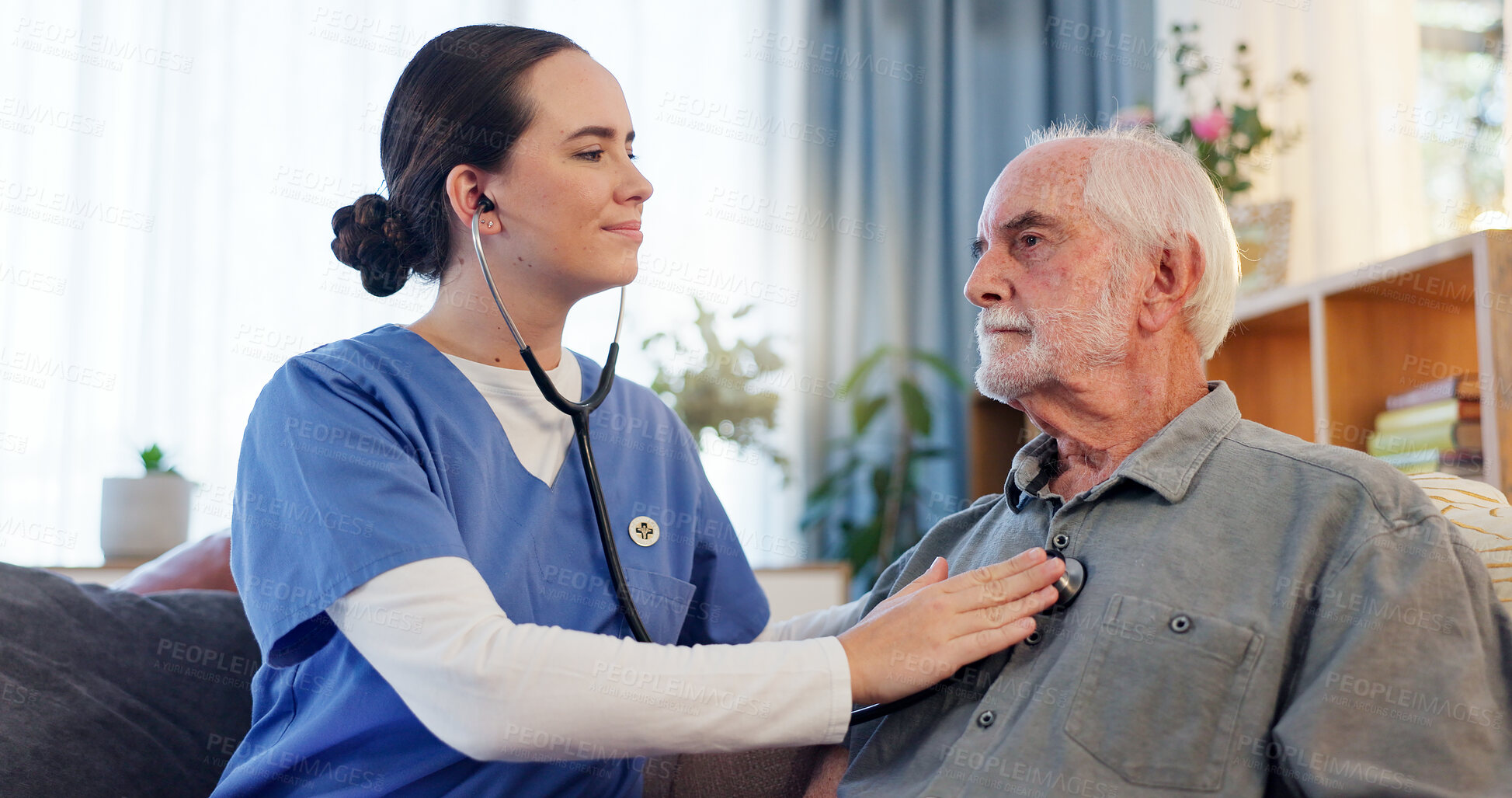 Buy stock photo Senior man, caregiver and stethoscope for lung checkup with healthcare, retirement and wellness in nursing home. Elderly patient, nurse and listening to breathing for infection, illness or pneumonia