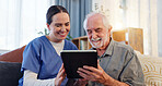 Happy, nurse and elderly man with tablet on sofa for results and health or home consultation. Smile, caregiver and technology in living room for retirement, internet or online app for medical support