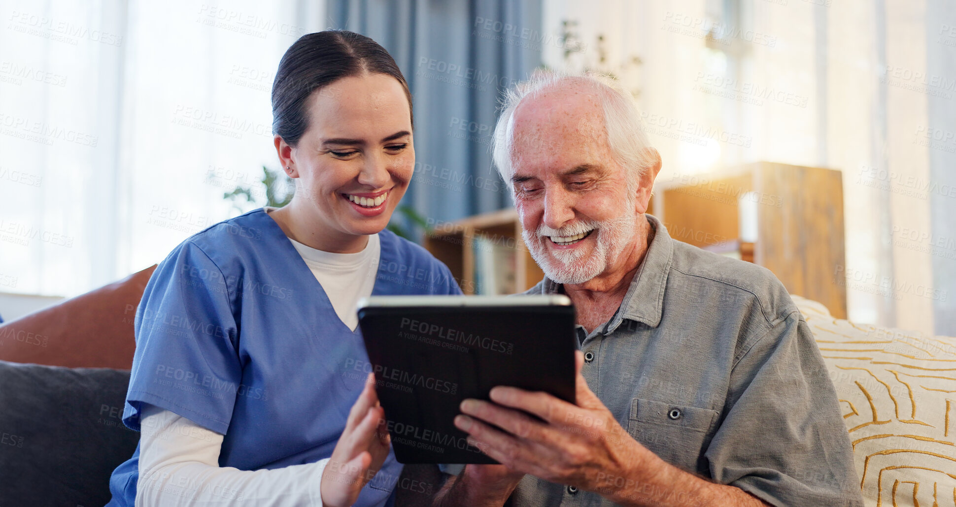 Buy stock photo Happy, nurse and elderly man with tablet on sofa for results and health or home consultation. Smile, caregiver and technology in living room for retirement, internet or online app for medical support