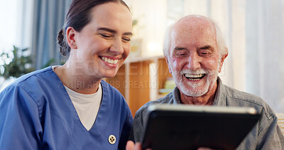 Buy stock photo Laughing, nurse and senior man with tablet on couch for results, wellness and health in home. Happy, caregiver and technology in living room for retirement, internet and meme or online app for comedy