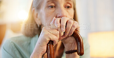 Buy stock photo Face, senior woman and thinking with cane in old age home for memories, nostalgic and retired. Female person, pensioner and thoughts or serious with walking stick for support, wellness and care