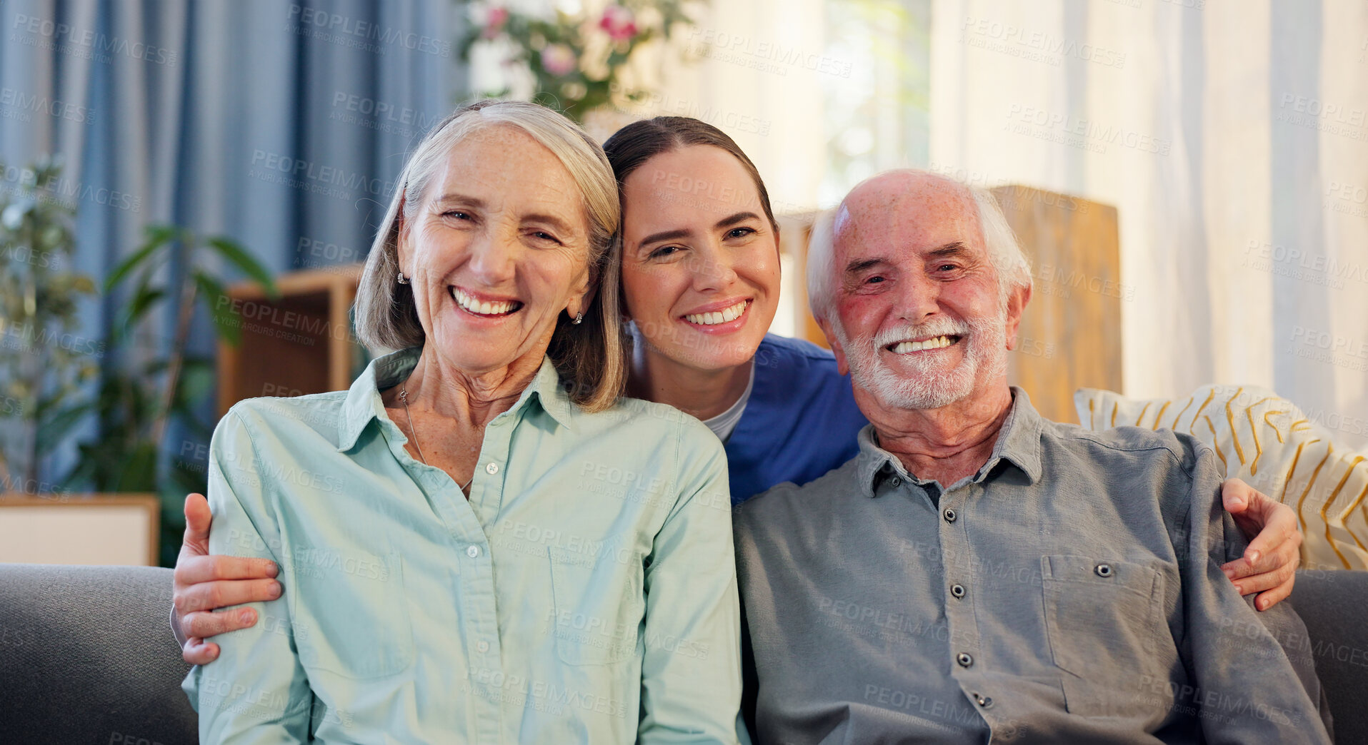 Buy stock photo Senior couple, portrait smile and nurse for healthcare, medical support and retirement in nursing home. Elderly man, woman and happy caregiver in lounge with kindness, community and assisted living