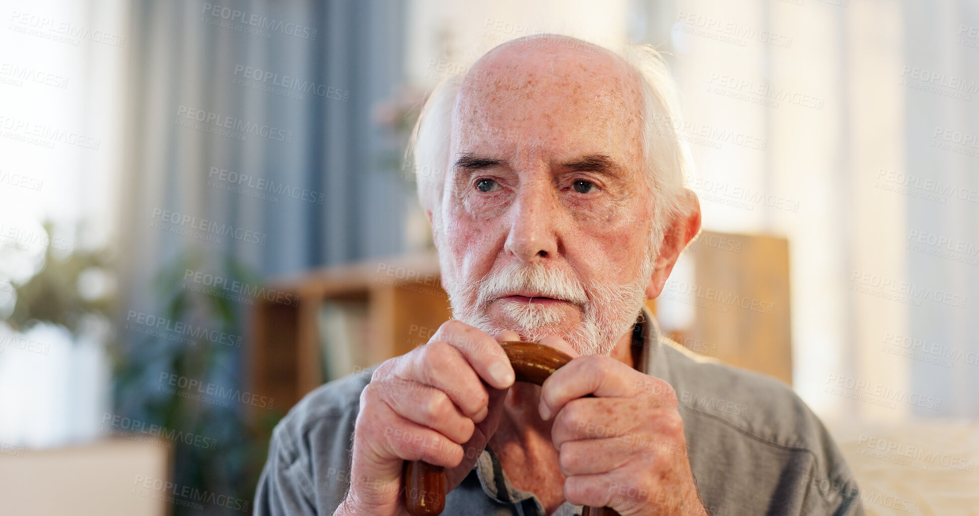 Buy stock photo Senior man, walking stick and thinking in home or living room with nostalgia, memory or decision in retirement. Mature, dementia and elderly person with a disability, arthritis or alzheimer on couch