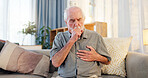 Sick, cough and senior man on couch with allergies, flu or cold in retirement home with emergency. Illness, chest pain and elderly person with asthma, infection and lung problem with COVID 19 virus