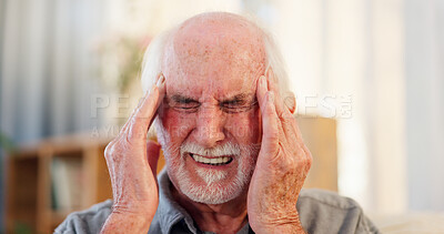 Buy stock photo Senior man, pain and headache in home with retirement crisis, brain fog and stress for mistake. Elderly man, migraine and vertigo with frustrated for mental health, fatigue and anxiety for trauma