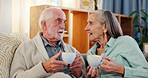 Senior couple, home and coffee with chat for retirement or happiness, relax with tea for bonding. Elderly man, woman and talking together in house with espresso for wellness, gossip or wow with drink