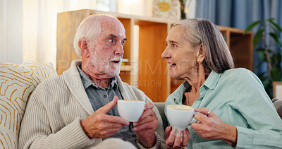 Buy stock photo Senior couple, home and coffee with chat for retirement or happiness, relax with tea for bonding. Elderly man, woman and talking together in house with espresso for wellness, gossip or wow with drink