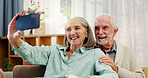 Senior couple, smile and selfie on sofa for bonding, happy memory and online digital storage in nursing home. Elderly man, woman and profile picture together with support, social media and retirement