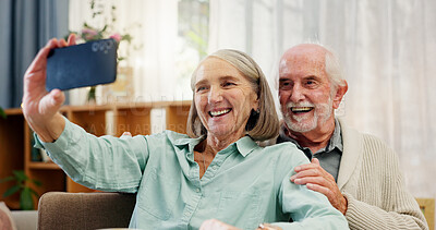 Buy stock photo Senior couple, smile and selfie on sofa for bonding, happy memory and online digital storage in nursing home. Elderly man, woman and profile picture together with support, social media and retirement