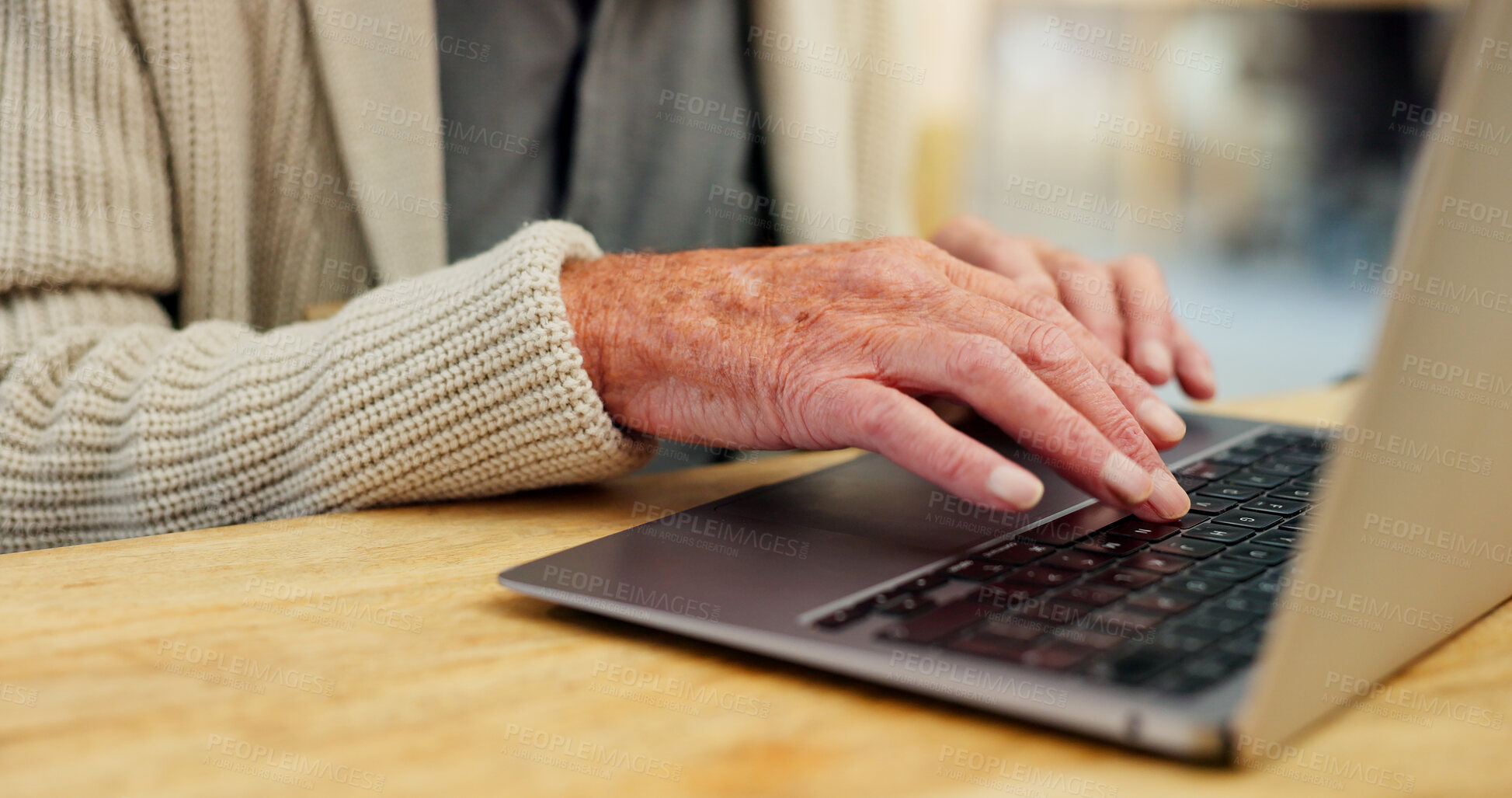 Buy stock photo Senior person, typing hands and laptop for web surfing with retirement, chess game and connection in home. Elderly adult, fingers and computer for reading blog, online puzzle and internet scroll