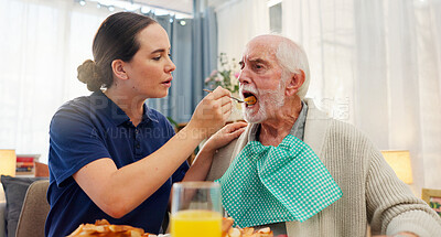 Buy stock photo Feeding, nurse or senior man in nursing home for elderly care, nutrition or support. Retired male person, caregiver or service for hungry patient in assisted living, healthcare or wellness in morning