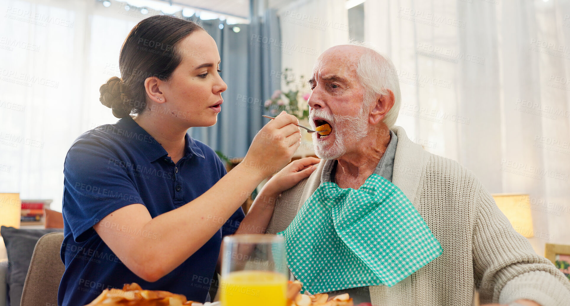 Buy stock photo Feeding, nurse or senior man in nursing home for elderly care, nutrition or support. Retired male person, caregiver or service for hungry patient in assisted living, healthcare or wellness in morning