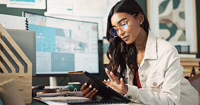 Buy stock photo Woman, typing and tablet in office at house for finance portfolio, reading report and accounting growth of startup. Female person, digital and feedback of investment, budget plan and kpi development