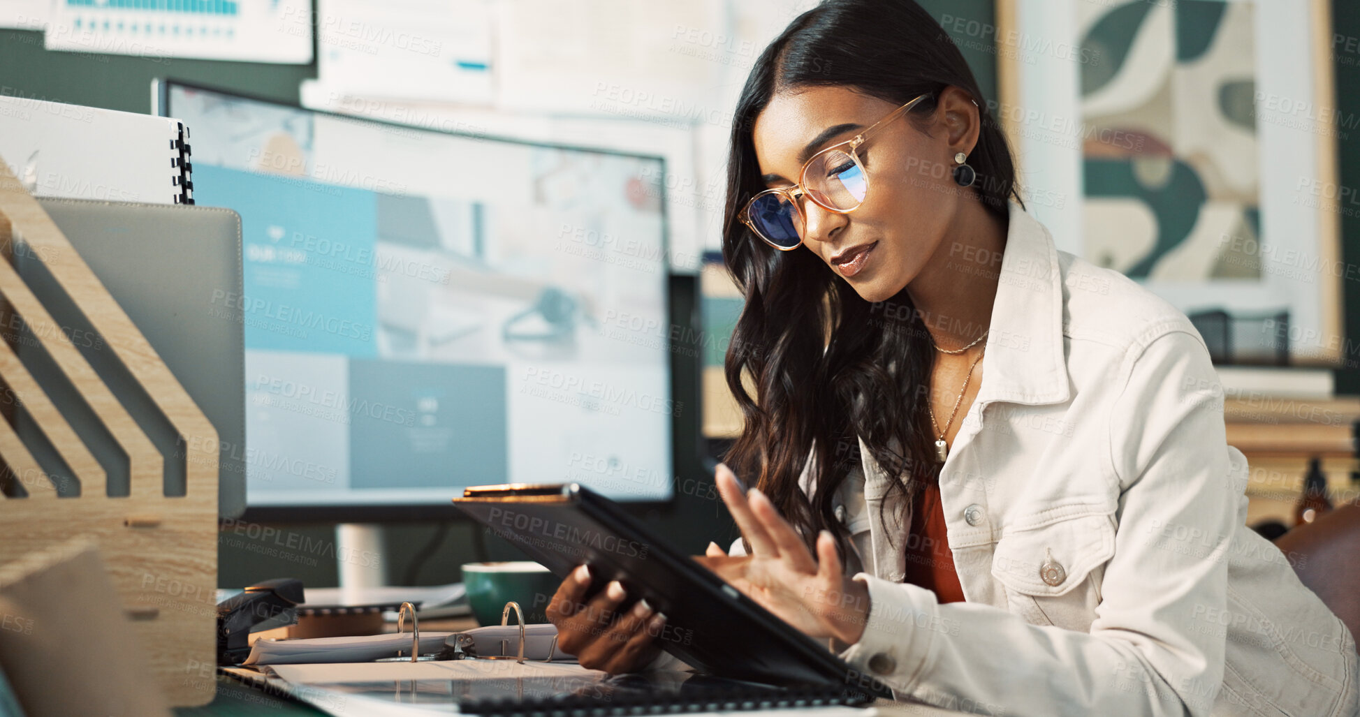 Buy stock photo Woman, typing and tablet in office at house for finance portfolio, reading report and accounting growth of startup. Female person, digital and feedback of investment, budget plan and kpi development