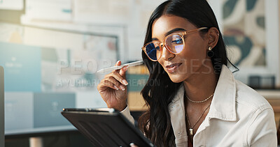 Buy stock photo Woman, thinking and tablet in office at house for finance portfolio, reading report and accounting growth of company. Female person, digital and problem solving of investment, project and budget plan