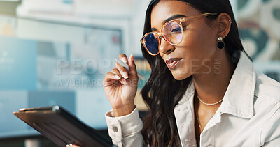 Buy stock photo Woman, tablet and thinking in office at house for finance portfolio, reading report and accounting growth of company. Female person, digital and problem solving of investment, project and budget plan