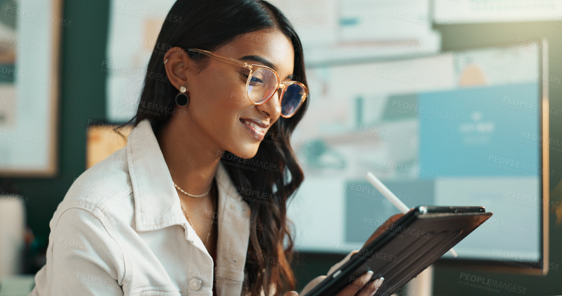 Buy stock photo Woman, tablet and happy in office at house for finance portfolio, reading report and accounting growth of company. Female person, digital and feedback of investment, budget planning and project goal