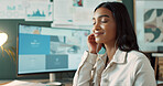 Indian woman, earphones and music to relax, desk and thinking for story, journalist and smile. Office, contemplating and reporter with ideas for news, inspiration and process for media agency