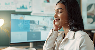 Buy stock photo Indian woman, earphones and listen to relax, business and thinking for story, journalist and smile. Office, contemplating and reporter with ideas for news, inspiration and process for media agency