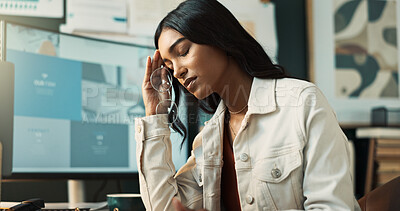 Buy stock photo Indian woman, headache and deadline of business, desk and brainstorming for story, journalist and serious. Office, migraine and reporter with stress for news, inspiration and process for media agency