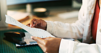 Buy stock photo Hands, receipt and paperwork for accounting in home office for reading, review or taxes with remote work. Person, document and financial admin for check, audit or balance books at apartment in Mumbai