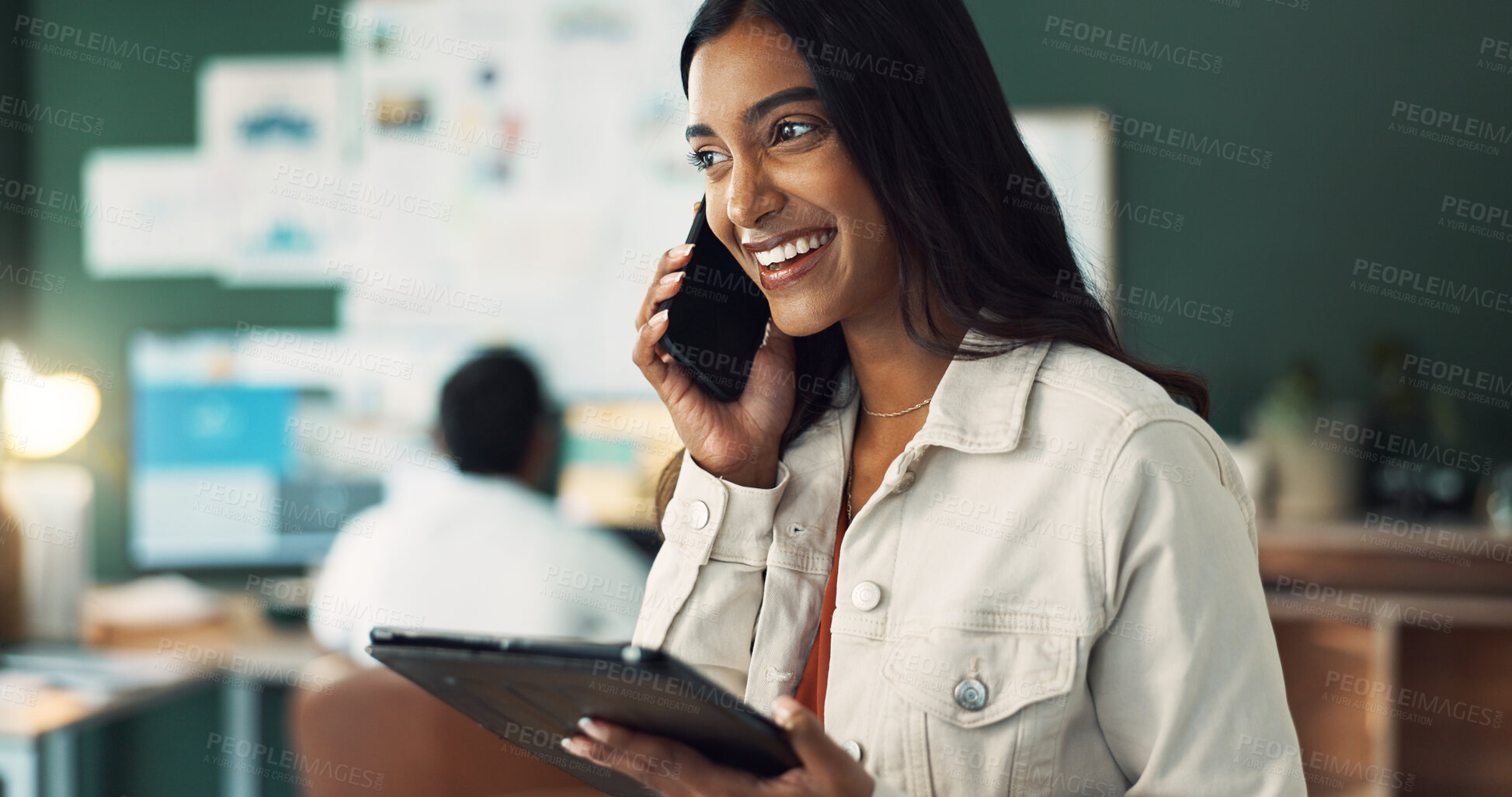 Buy stock photo Phone call, tablet and woman with smile, office and listening to question for company and part time. Virtual assistant, online and communication for customer service, app or consultation for business