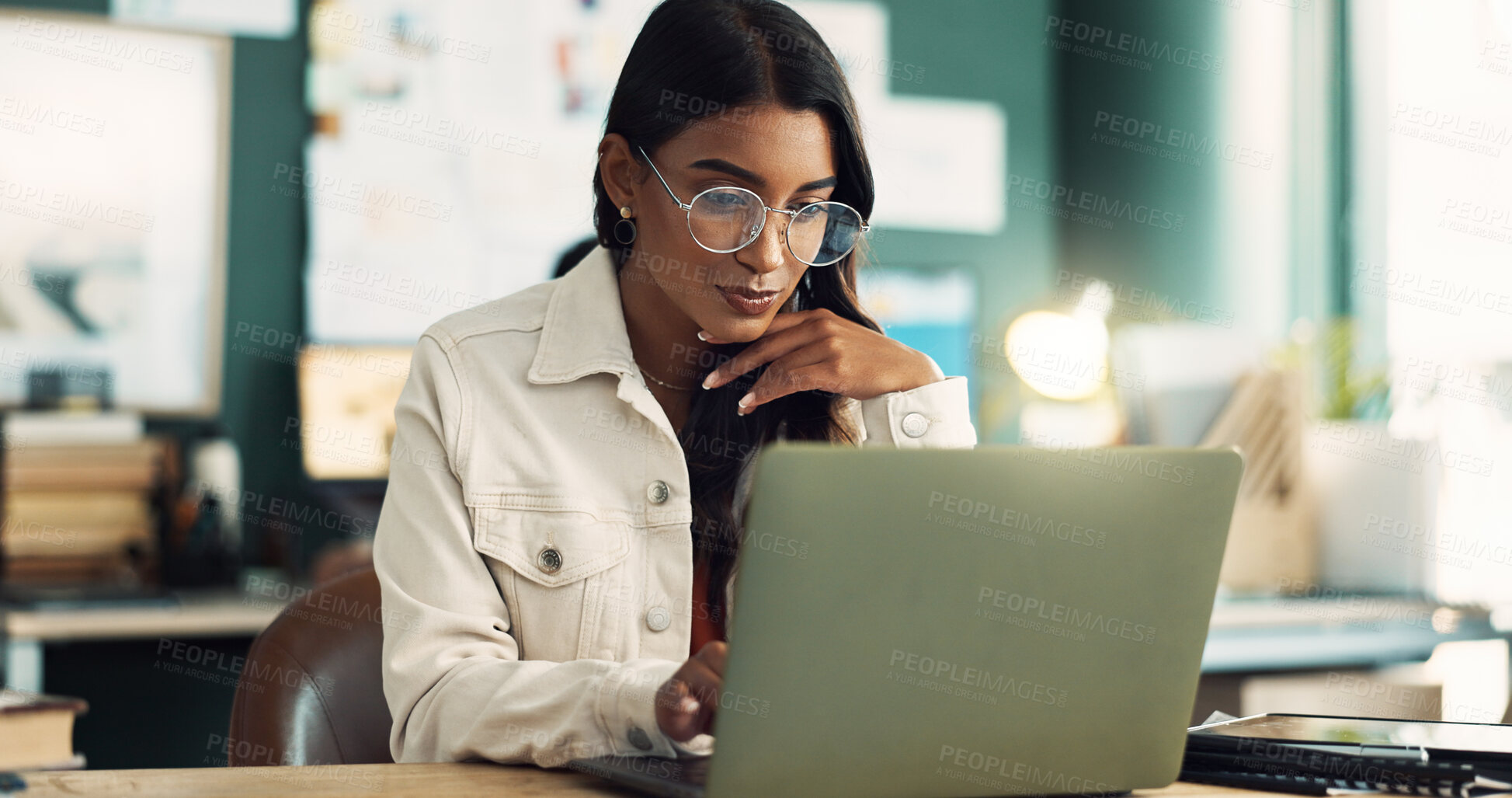 Buy stock photo Office, smile and woman with laptop in research for project idea, information and communication. Web design, creative and person with tech in planning for digital portfolio, update and ux development