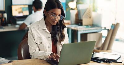 Buy stock photo Research, glasses and woman with laptop in office for project plan, brainstorming and information. Creative, person and web design with tech at desk for digital portfolio, update and ux development