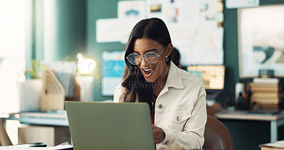 Buy stock photo Indian woman, laptop and excited in house for opportunity, proposal and business deal with contract. Entrepreneur, tech and surprise in home office for startup, investment and good news with profit