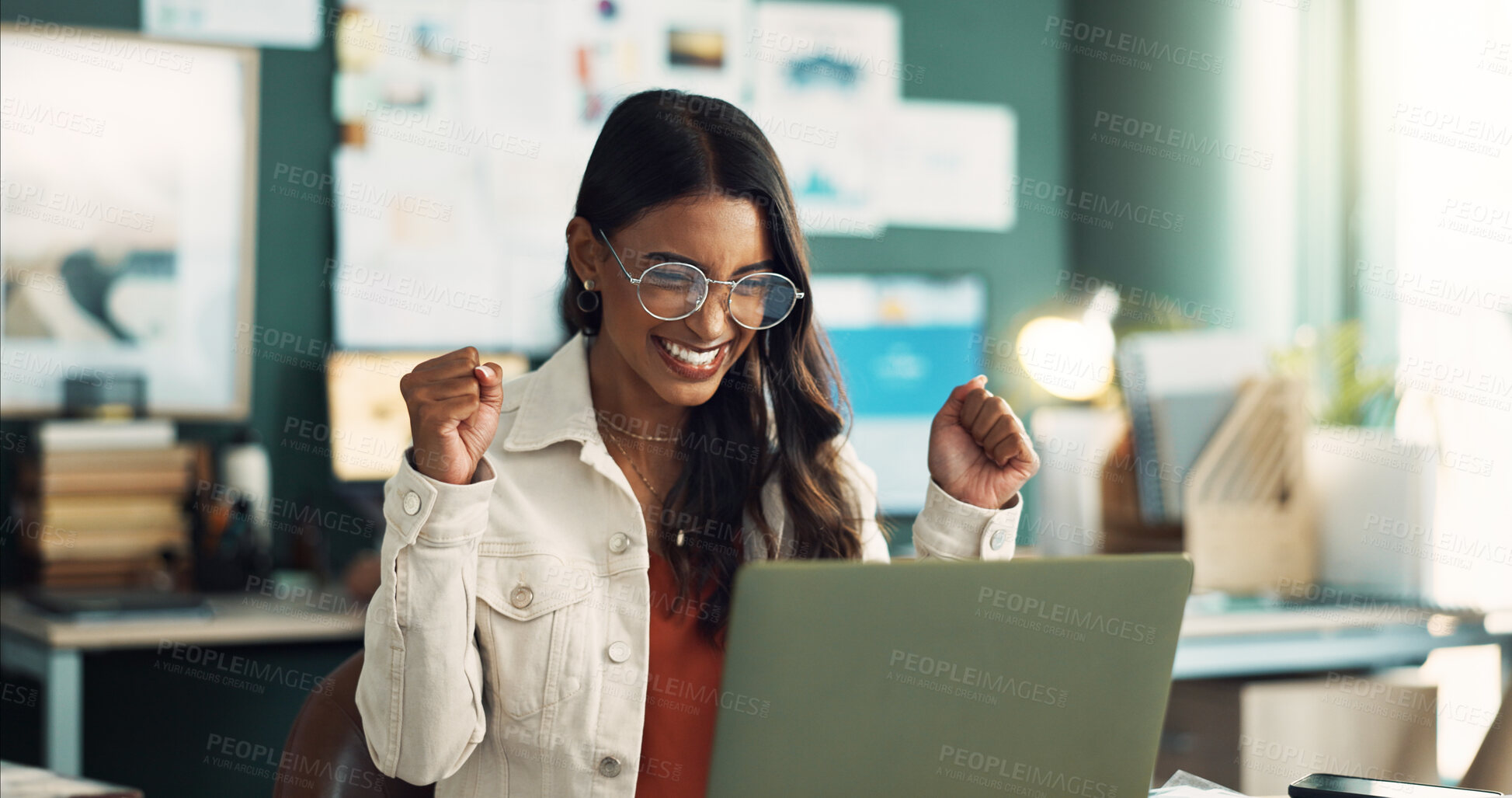 Buy stock photo Indian woman, laptop and hands in office for success with startup company, deal or sale with internet. Female entrepreneur, ecommerce and celebrate with wow for order with shipping, yes with smile