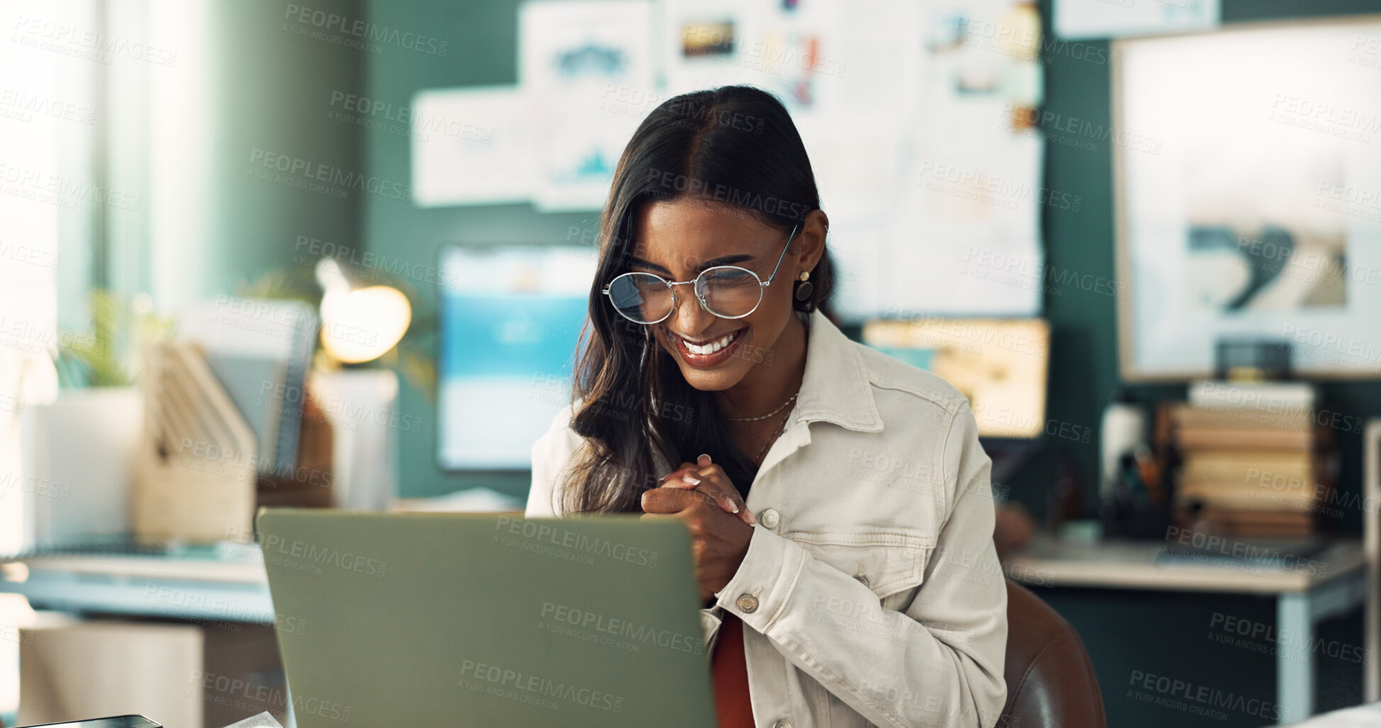 Buy stock photo Happy, laptop and woman in office with good news for job promotion with creative career growth. Excited, celebrate and female writer or author with email for publishing offer on computer in workplace