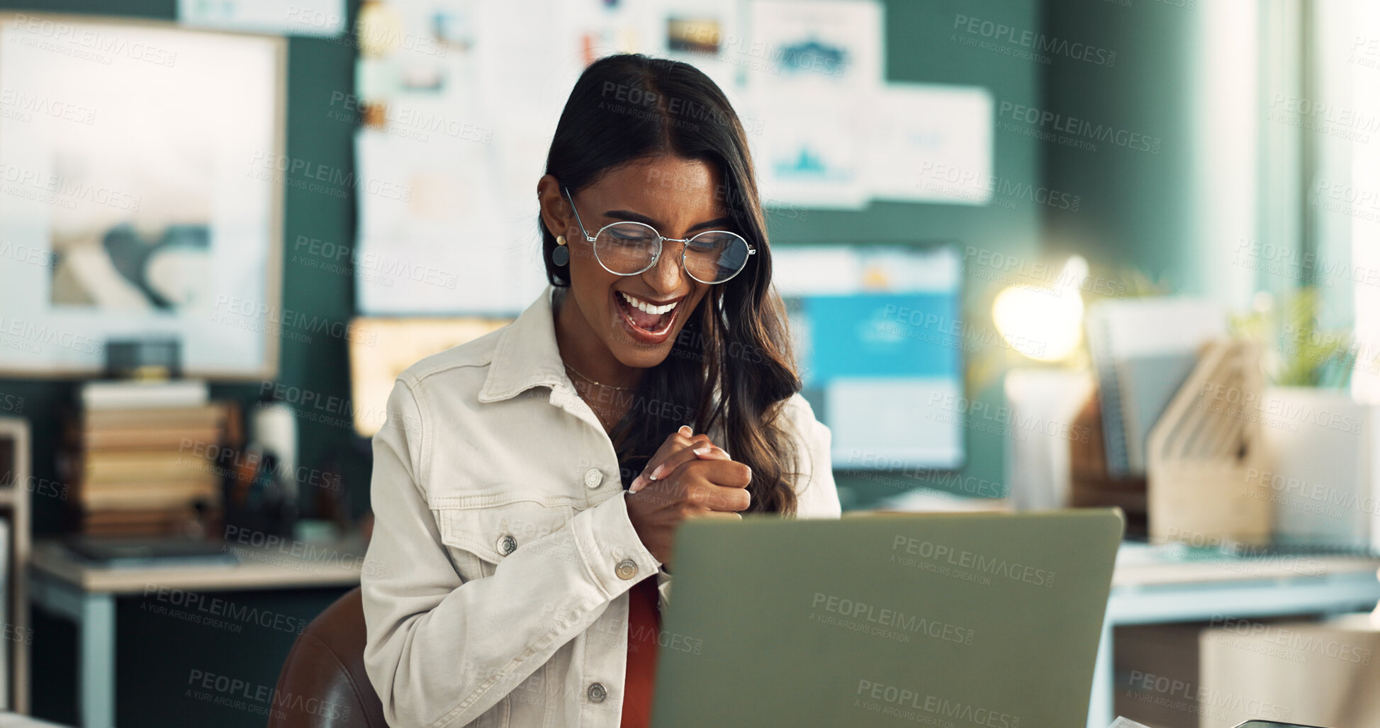 Buy stock photo Indian woman, computer and hands in office for success with startup company, deal or sale with internet. Female entrepreneur, ecommerce and celebrate with wow for online order, yes and happiness