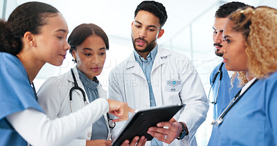 Buy stock photo Doctor, nurse and group planning on tablet for healthcare research, workflow and collaboration in residency. Medical people with digital technology for clinic solution, teamwork and problem solving