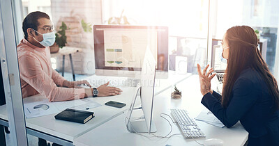 Buy stock photo Meeting, face mask and business people in office for job interview with healthcare safety regulations. Discussion, performance review and hr manager with probation candidate for career feedback.