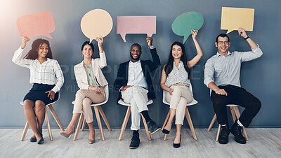 Buy stock photo Waiting room, group and business people in portrait with speech bubble, communication or feedback. Wall background, women and men with opinion for forum, social media or poster for hiring appointment