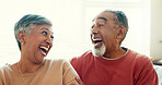 Mature couple, laughing and happy home for retirement with love, care and support with bonding. People, relationship and smile as pensioner for marriage with fun, jokes and relax on break as soulmate