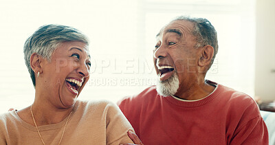 Buy stock photo Mature couple, laughing and happy home for retirement with love, care and support with bonding. People, relationship and smile as pensioner for marriage with fun, jokes and relax on break as soulmate