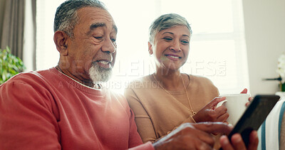 Buy stock photo Home, smile and senior couple with tablet for network, communication and bonding in morning. Woman, man and happy in love with technology in living room for online news, digital media and retirement