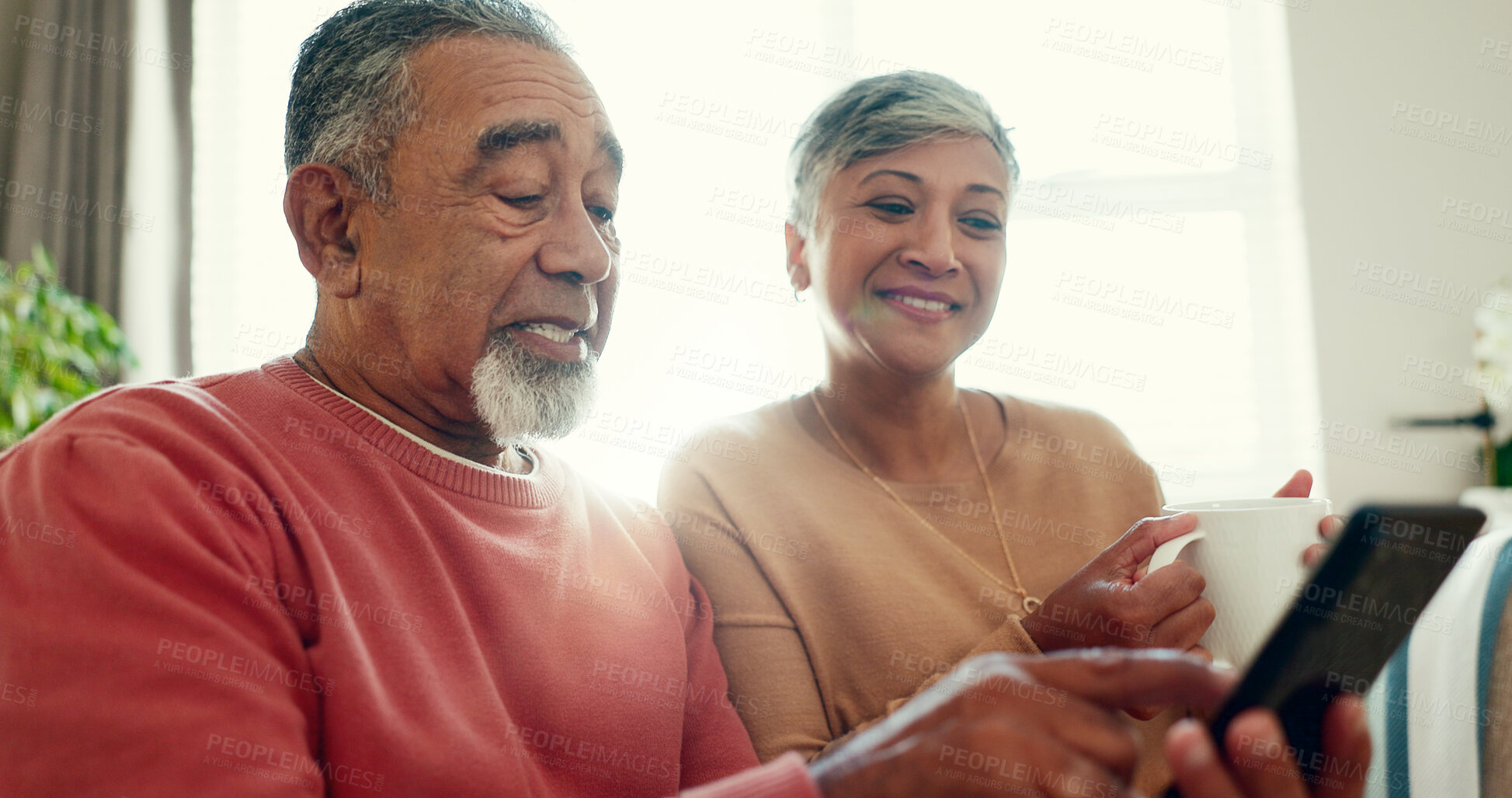 Buy stock photo Home, smile and senior couple with tablet for network, communication and bonding in morning. Woman, man and happy in love with technology in living room for online news, digital media and retirement