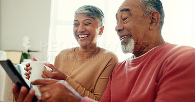 Buy stock photo Home, happy and senior couple with tablet on sofa for communication, network and bonding in morning. Man, woman and smile with tech in living room for online news, digital media and information