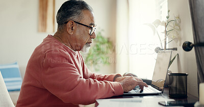 Buy stock photo Senior man, laptop and typing at home for budget, planning and savings account for personal debt. Elderly person, computer and bills in living room with expenses, tax and loan payment on banking app